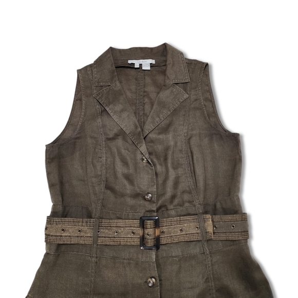 Zara Basic Women Vest Sz M Khaki Green Vintage Utility Style Belt, 100% Ramie - Picture 9 of 11